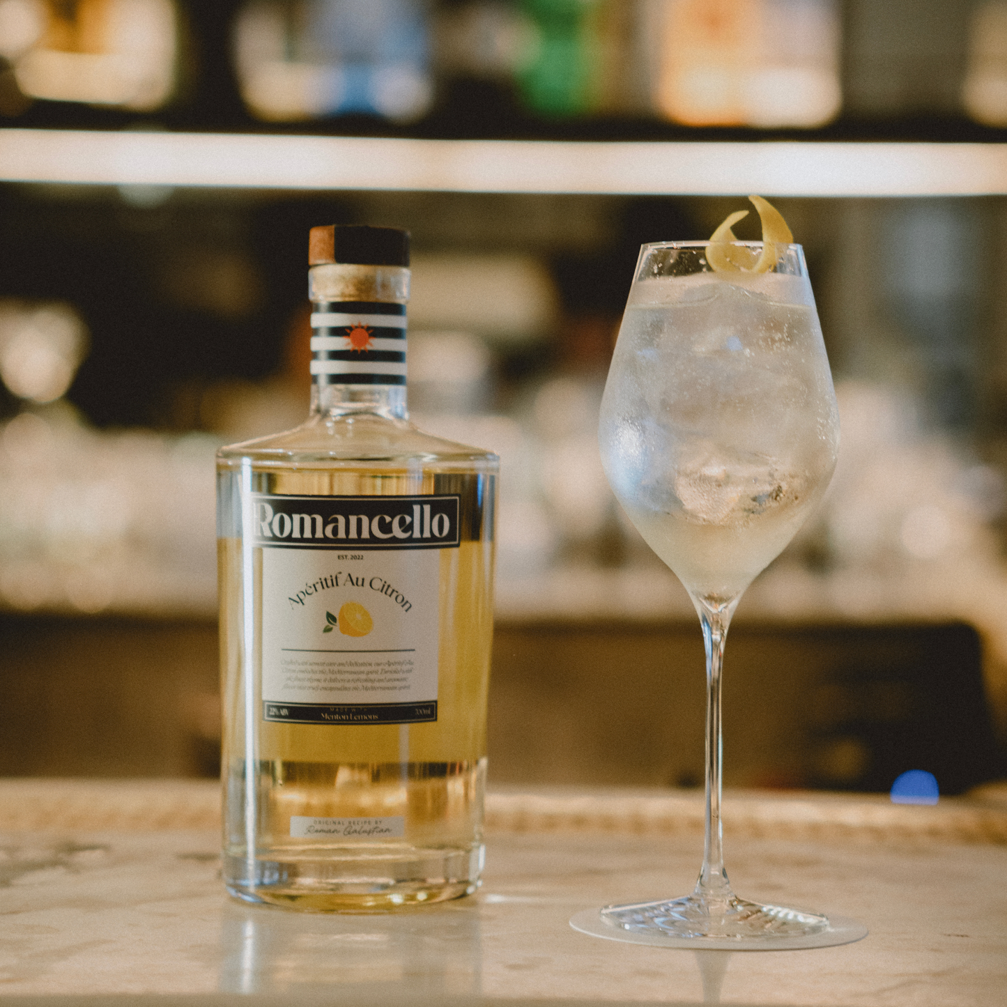 Romancello Spritz on a marble bar